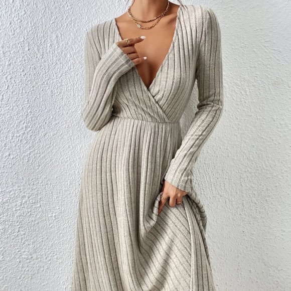 Apricot Elegant Womens Surplice Neck Ribbed Knit Dress - Picture 3 of 5